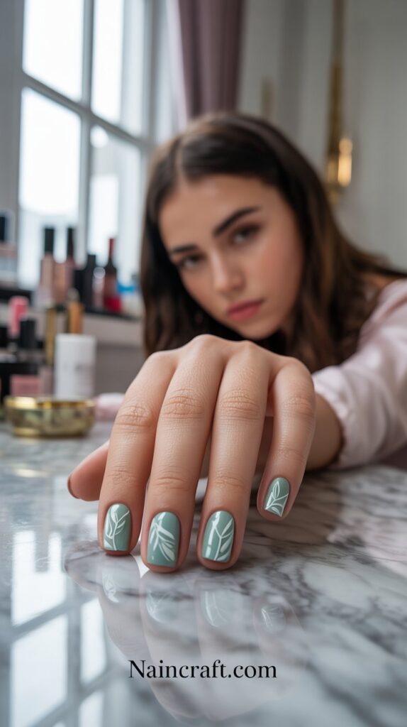 Matte Mint with Glossy Leaf nails Designs Matte Mint with Glossy Leaf nails Designs