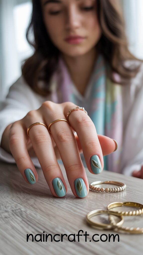 Matte Mint with Glossy Leaf nails Designs Matte Mint with Glossy Leaf nails Designs