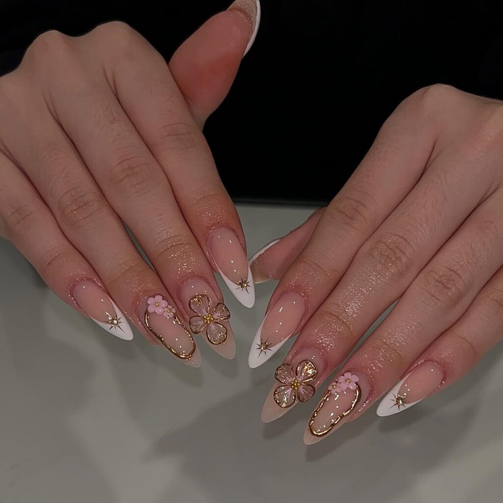 Floral French Almond Nails with Gold Details