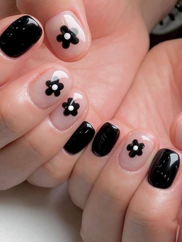Black and Nude Flower Nails