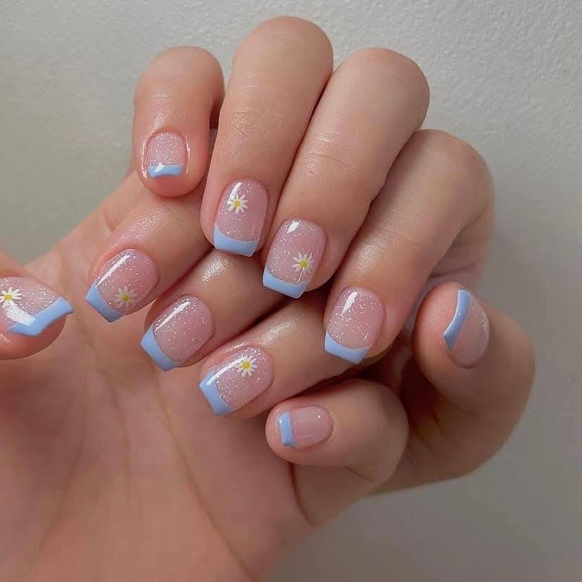 Blue French Daisy Nails