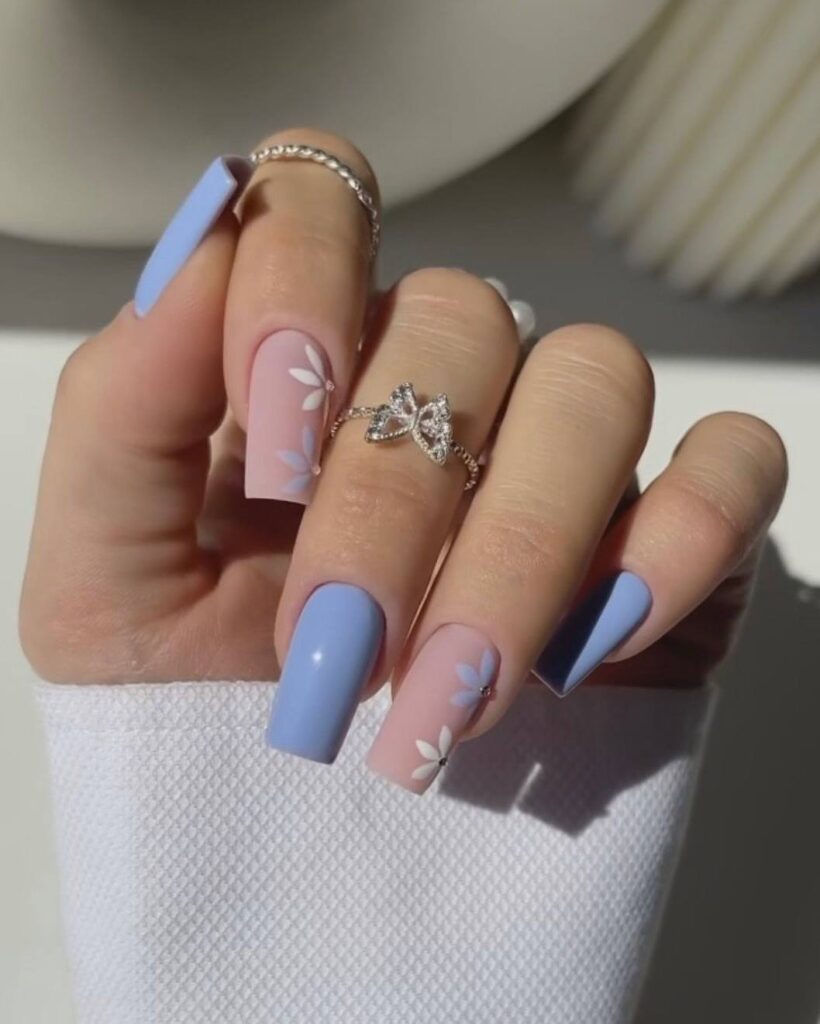 Blue and Pink Daisy Nails