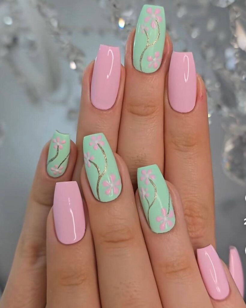 Pink and Green Floral Nails