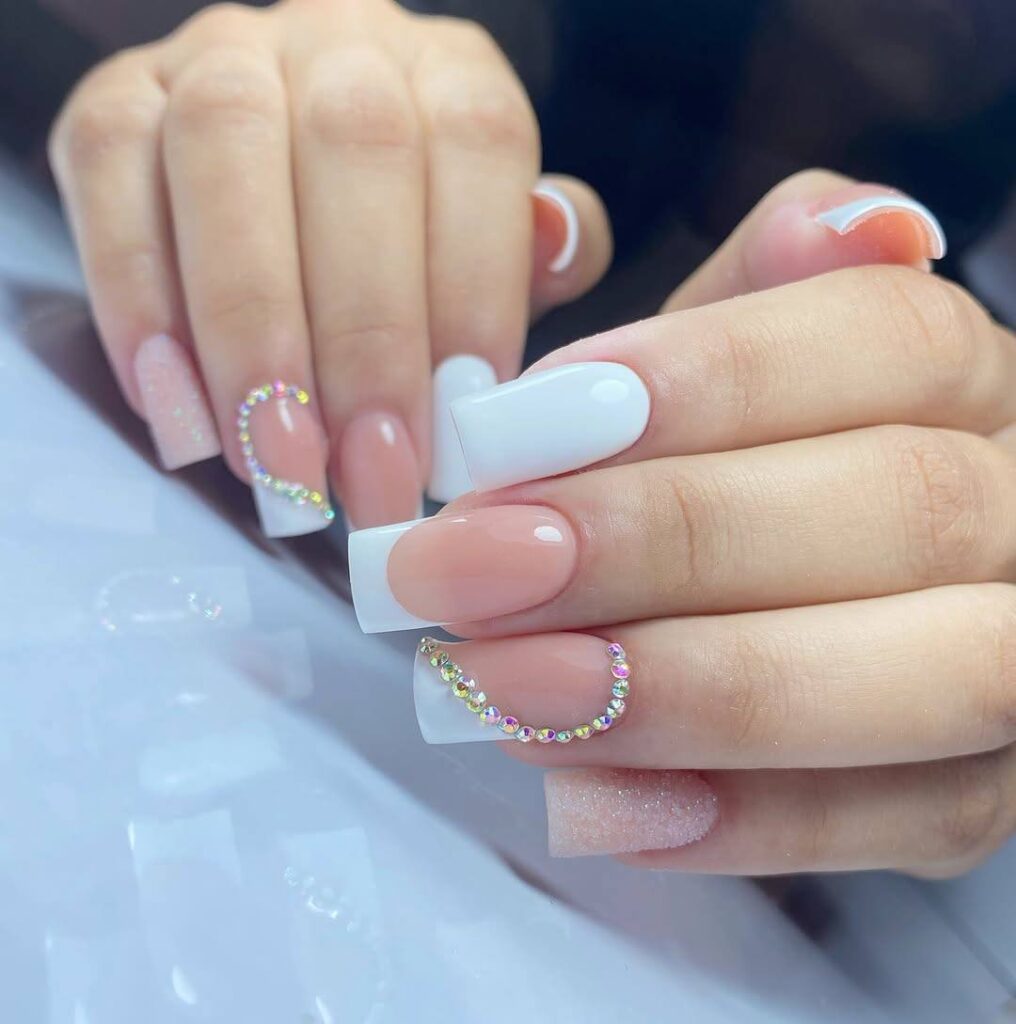 White Glossy Nails with Rhinestones
