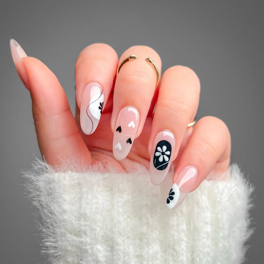 Black and White Daisy Nails