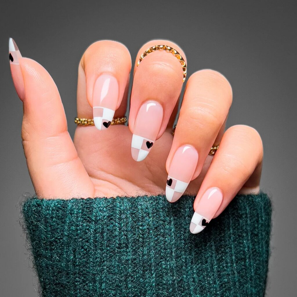 Black and White Hearts French Tips