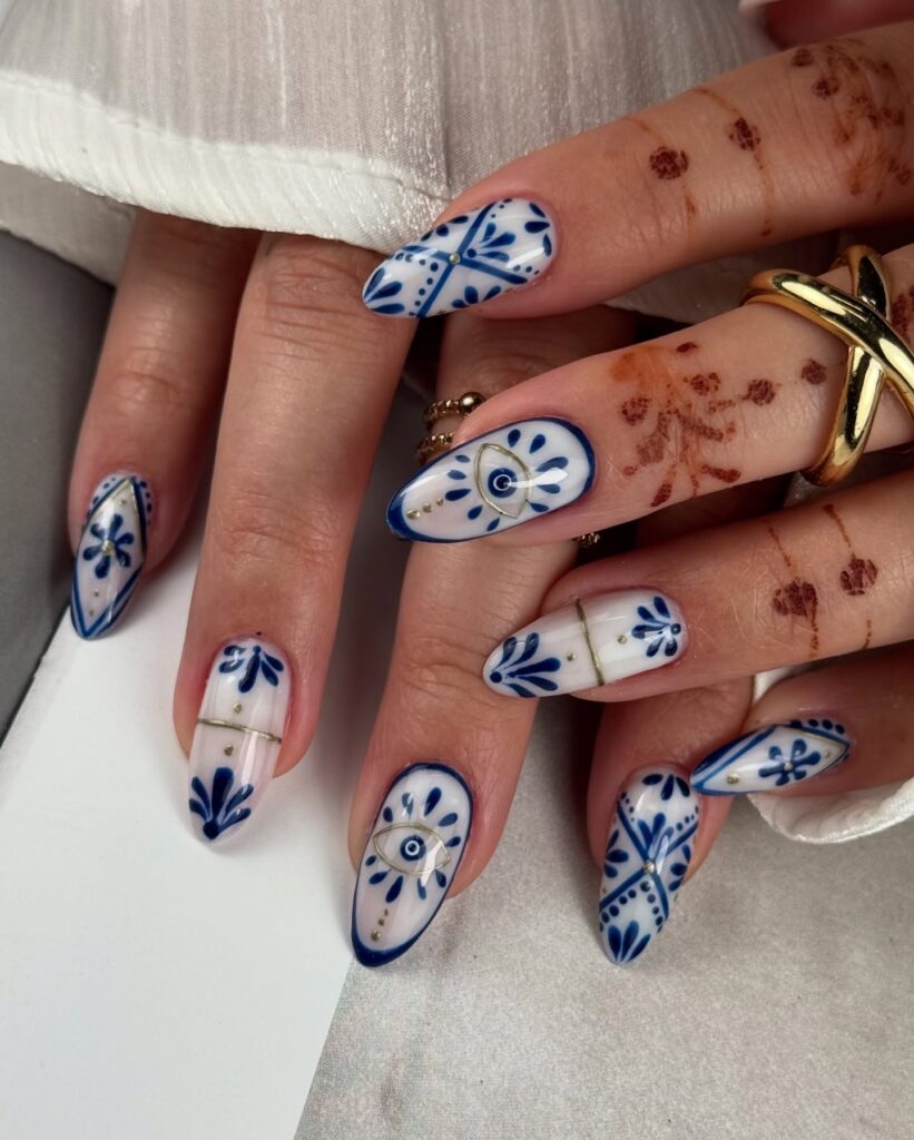 Blue and White Ceramic Nails