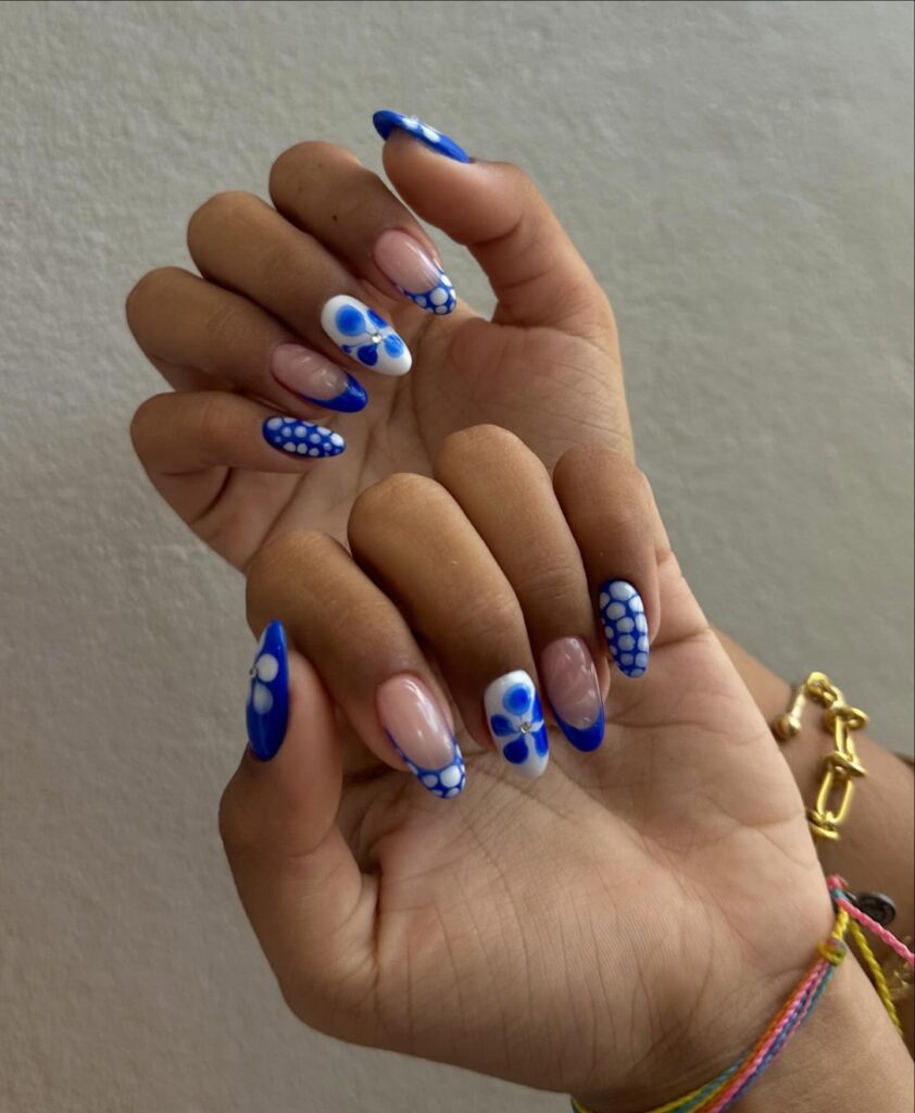 Blue and White Floral French Tips