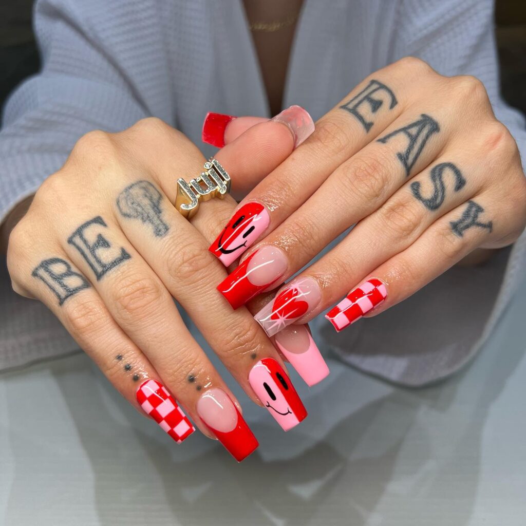 Bold Red and Pink Smile Nails
