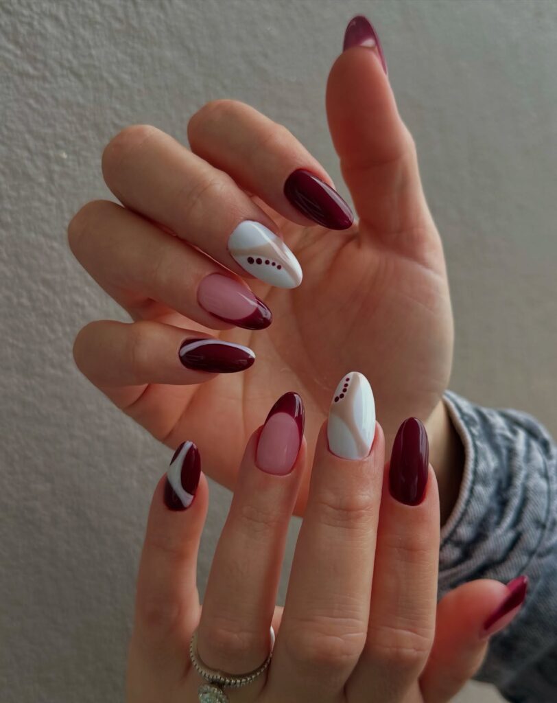 Burgundy & White Nails