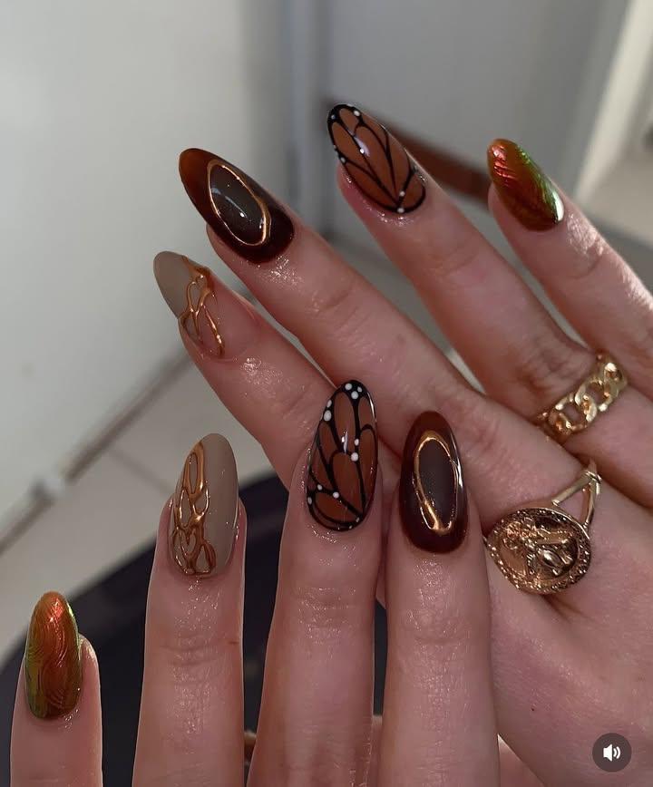 Butterfly & Metallic Autumn Nails