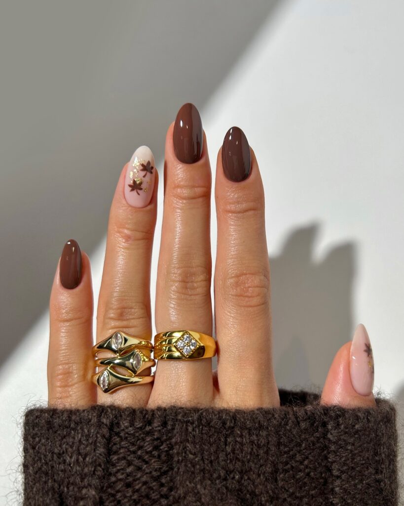 Chocolate Brown & Minimal Floral Accent Nails