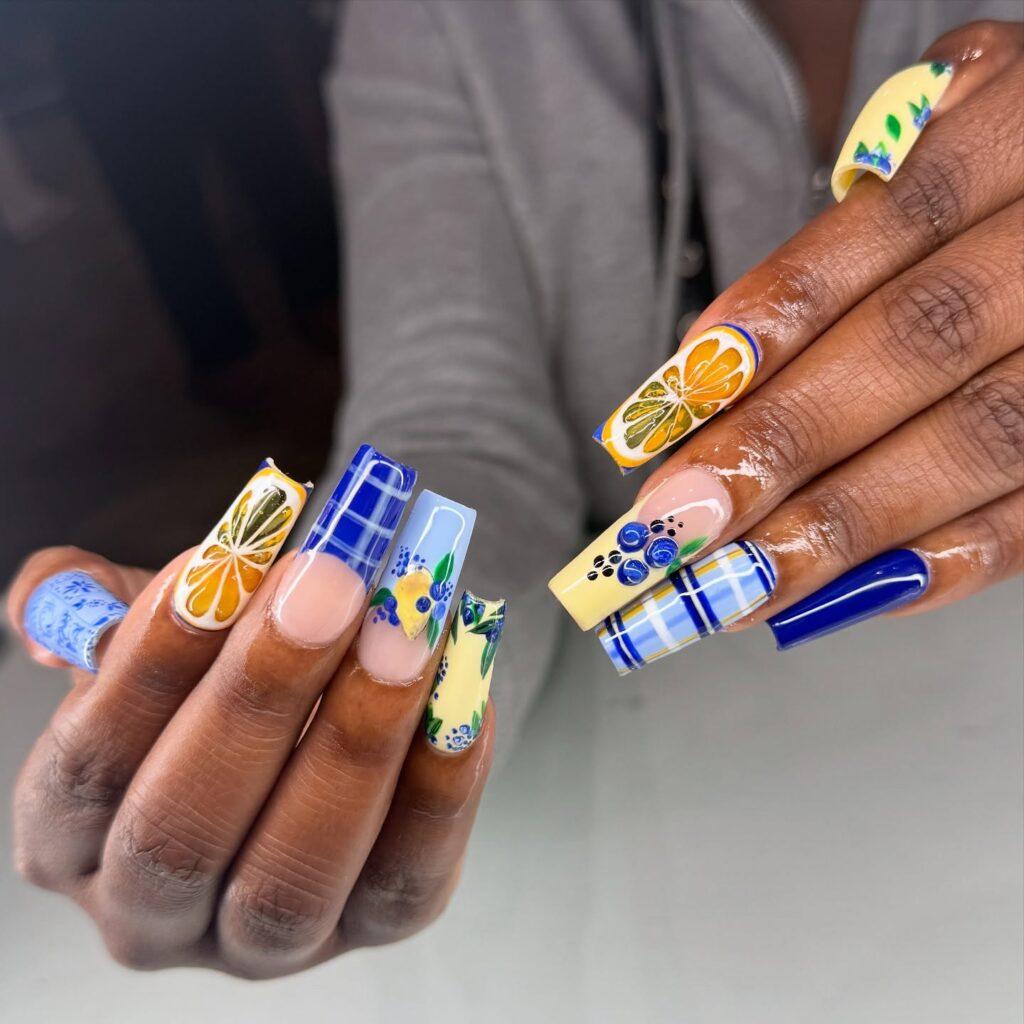 Citrus & Blue Plaid Nails