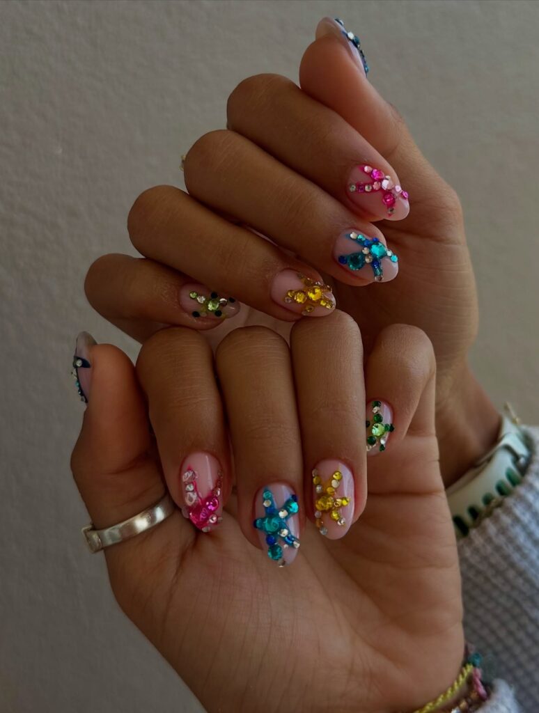Colorful Rhinestone Star Nails