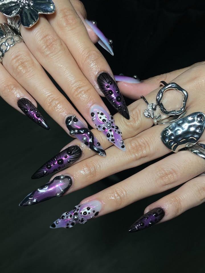 Edgy Black & Purple Stiletto Nails with 3D Beads
