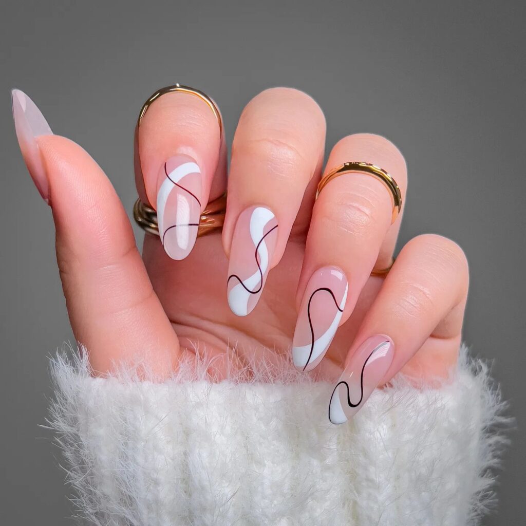Elegant Black & White Wave Nails