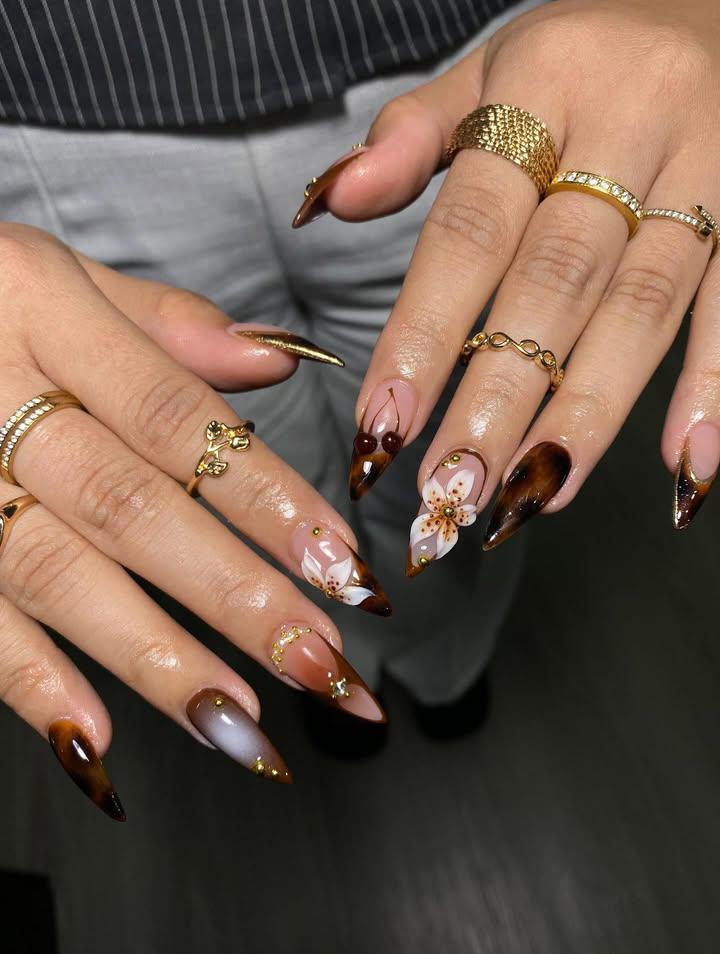 Glossy Brown Stiletto Nails with 3D Floral Art