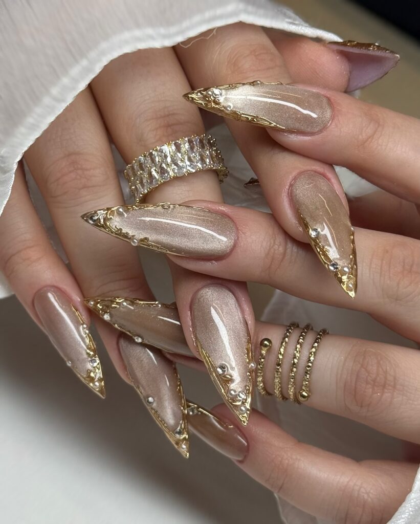 Gold-Edged Nude Glam Nails