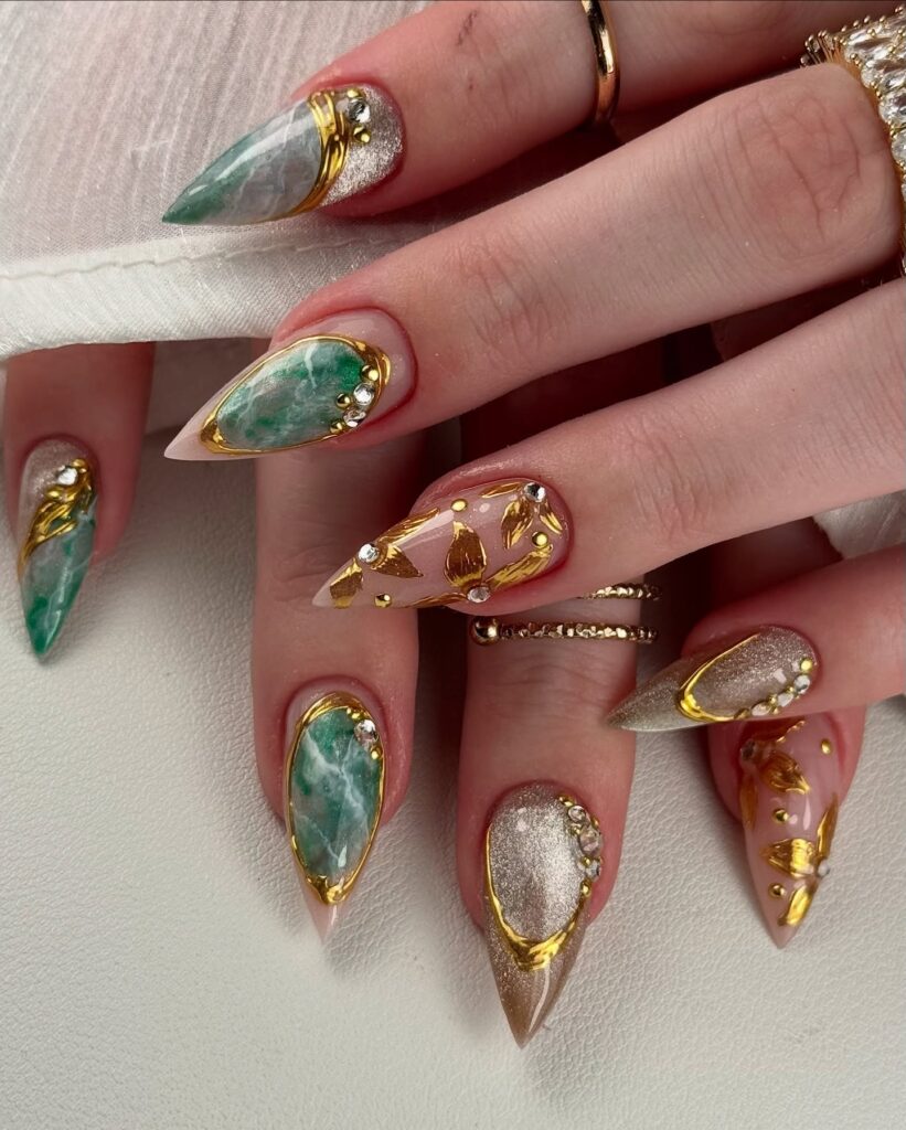 Green Marble Luxe Nails