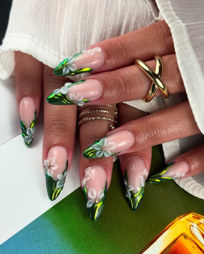Green Tropical Flower Nails