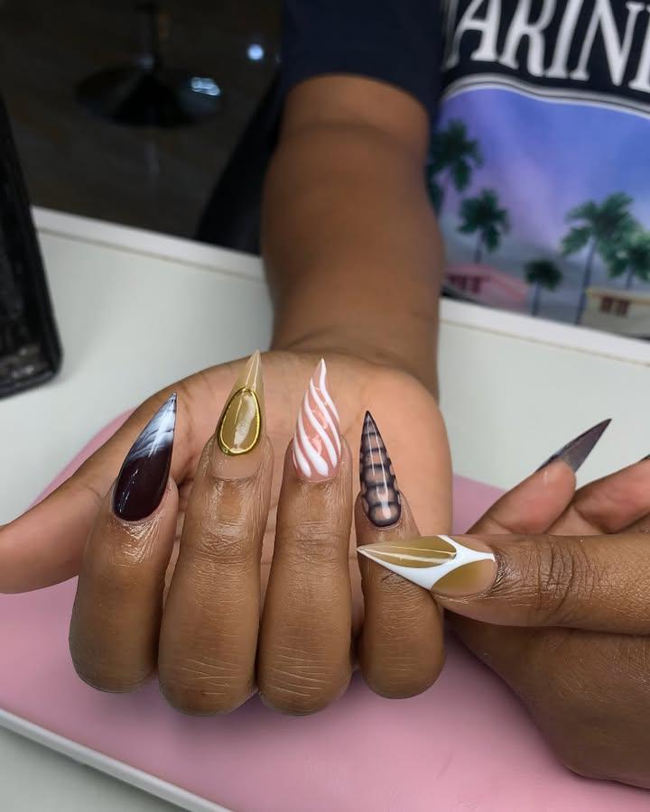 Mixed Pattern Autumn Stiletto Nails