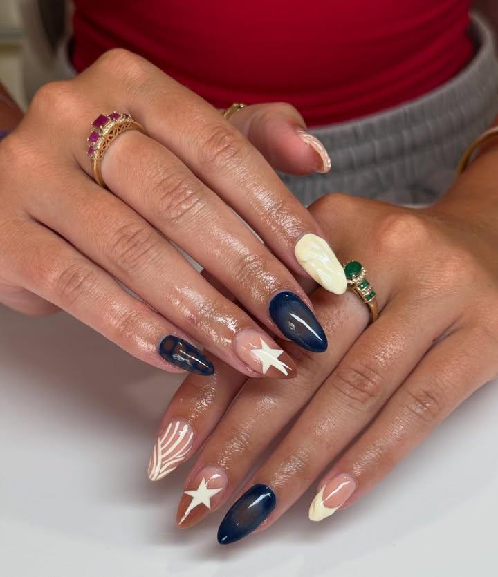 Navy & Neutral Star Nails