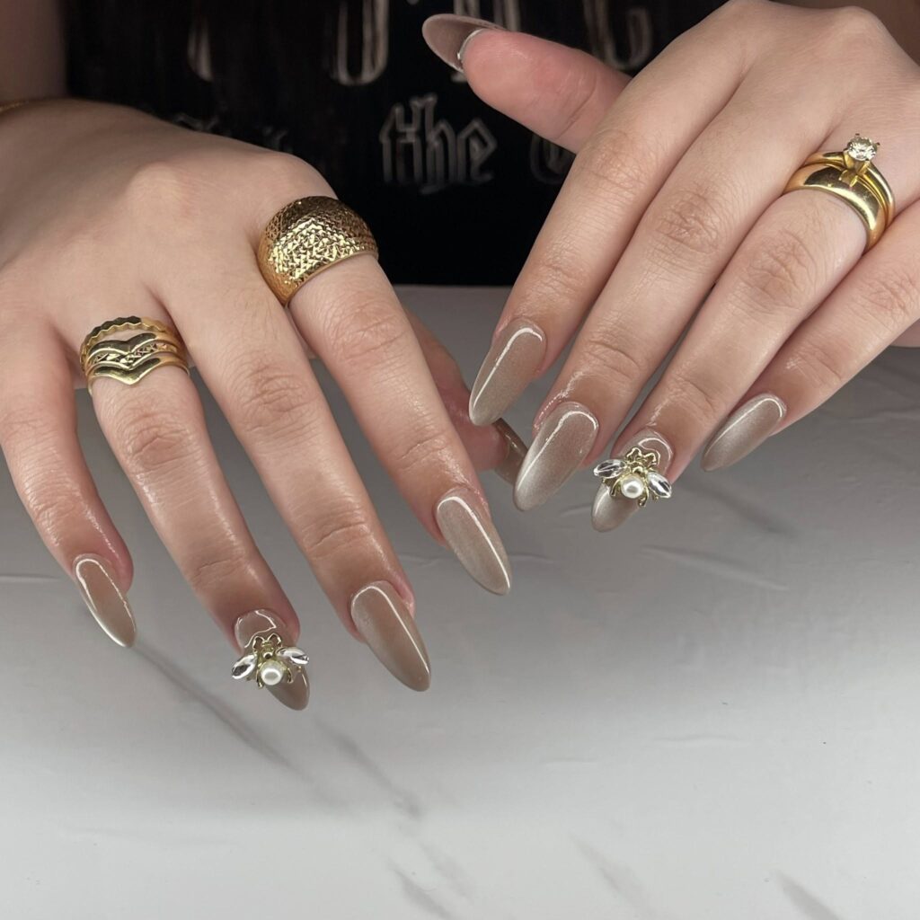 Nude Cat Eye Nails with Charm