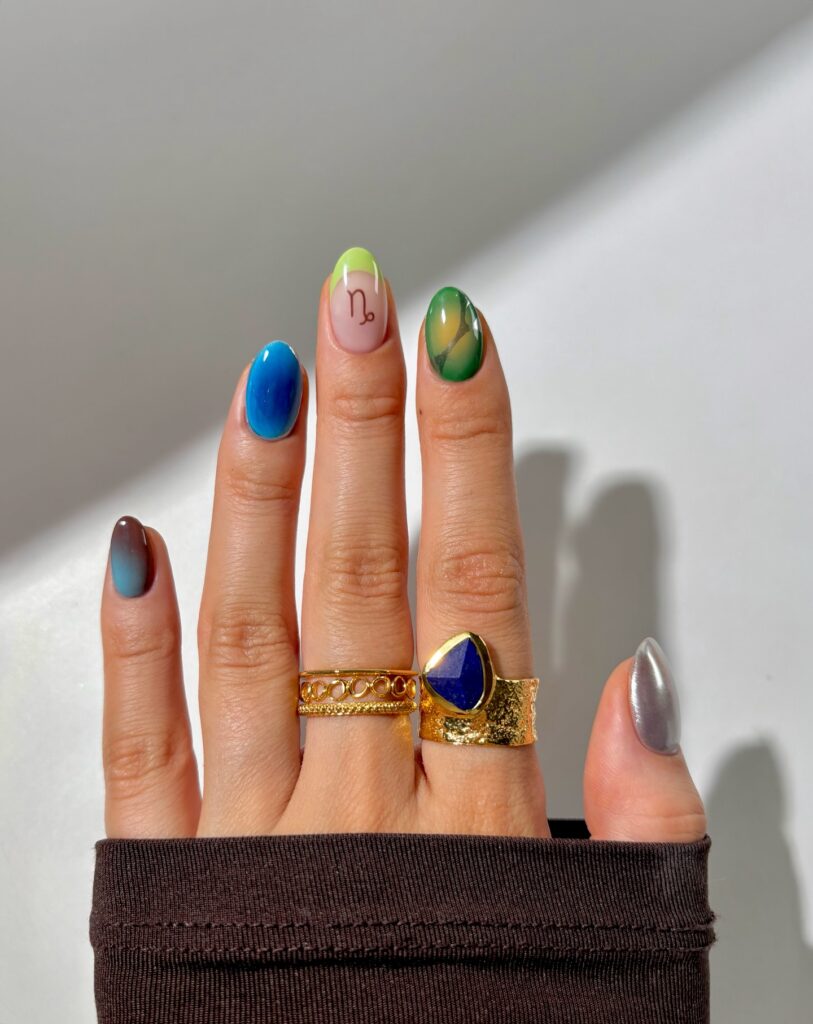 Ocean & Green Gradient Nails with Minimal Zodiac Accent