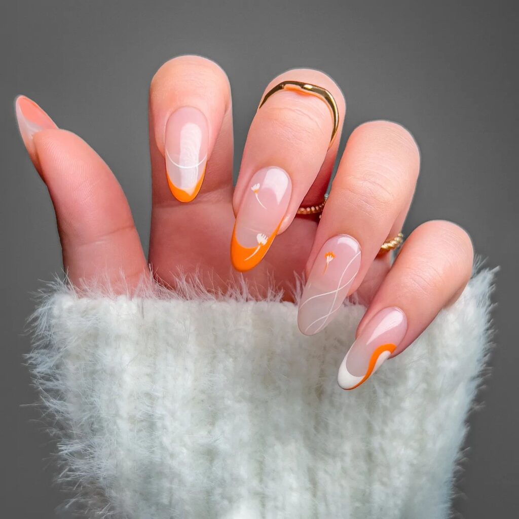 Orange French Tips with Dandelion Art