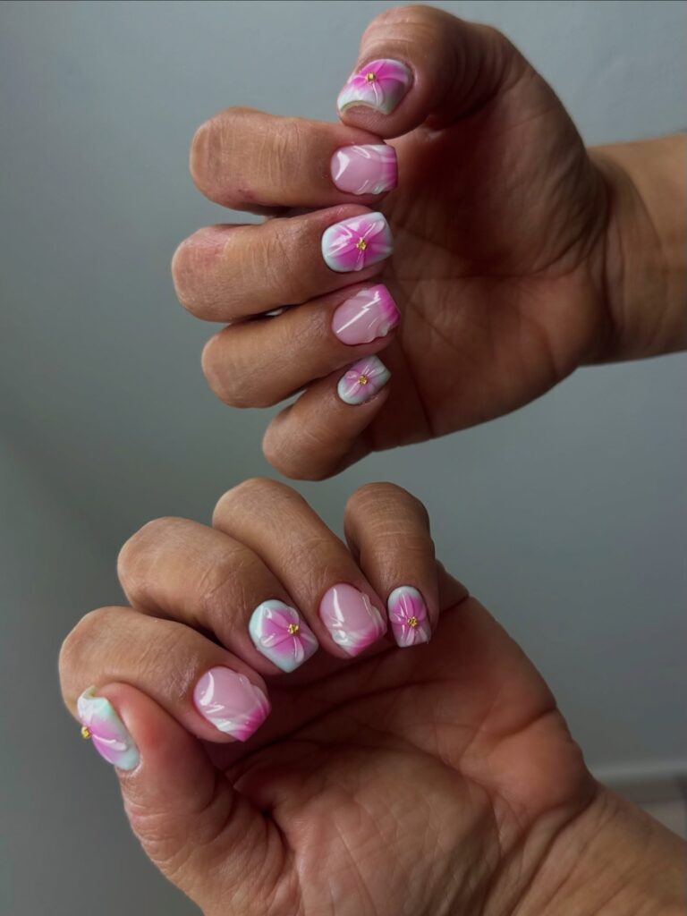 Pink and White 3D Flower Nails