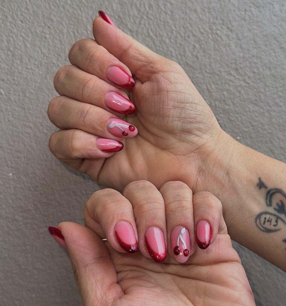 Red Glitter French with Cherries