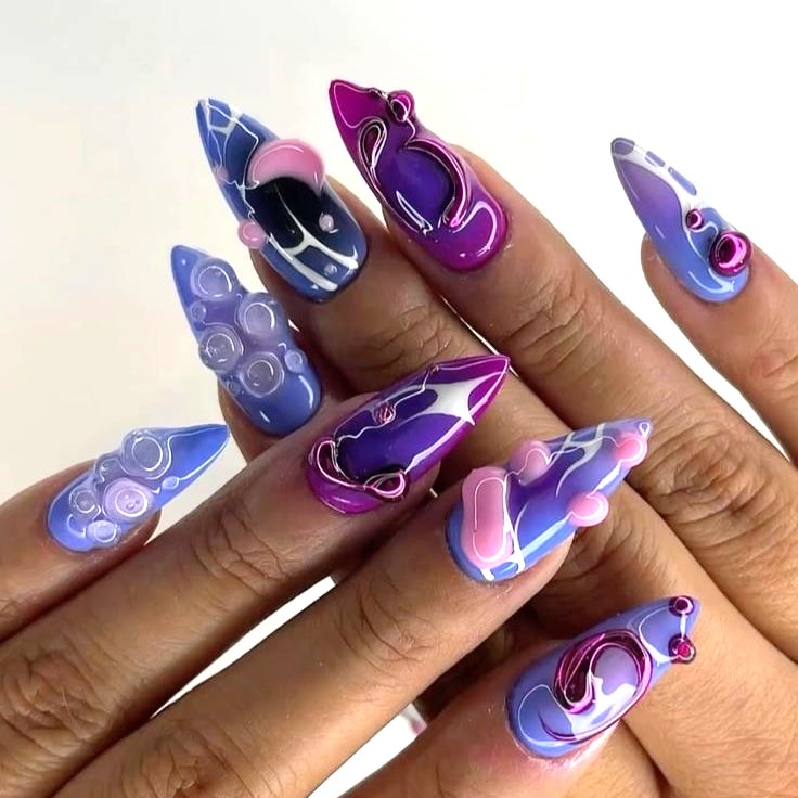 Abstract Purple Nails with 3D Designs