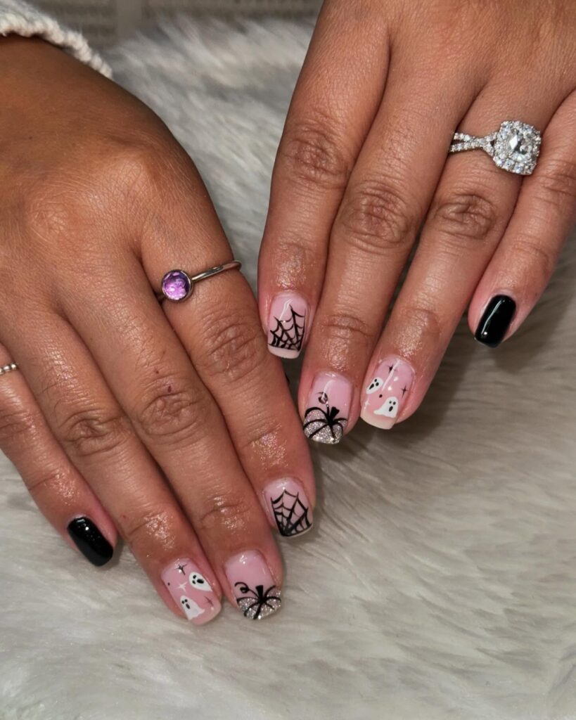 Black Halloween Nails with Ghost and Spider Web