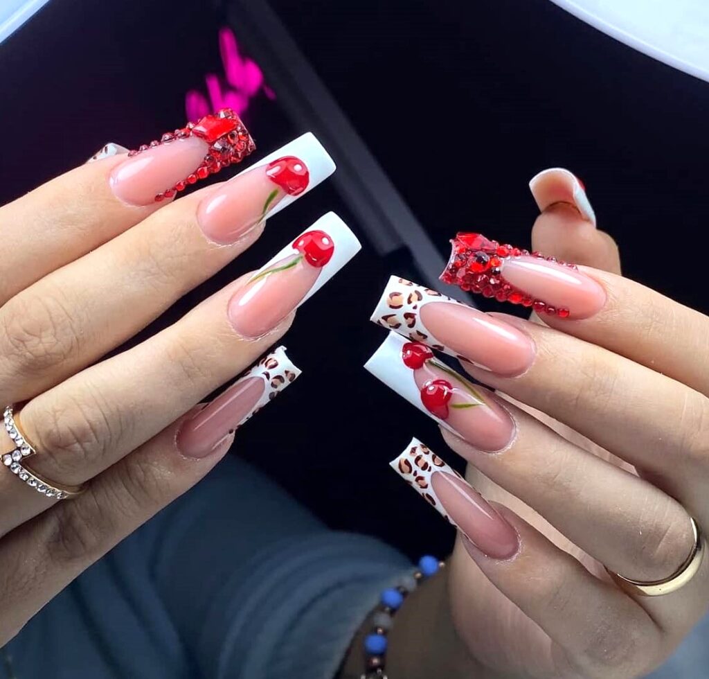 Cherry French Tip with Leopard Print Cherry Nails French Tip with Leopard Print