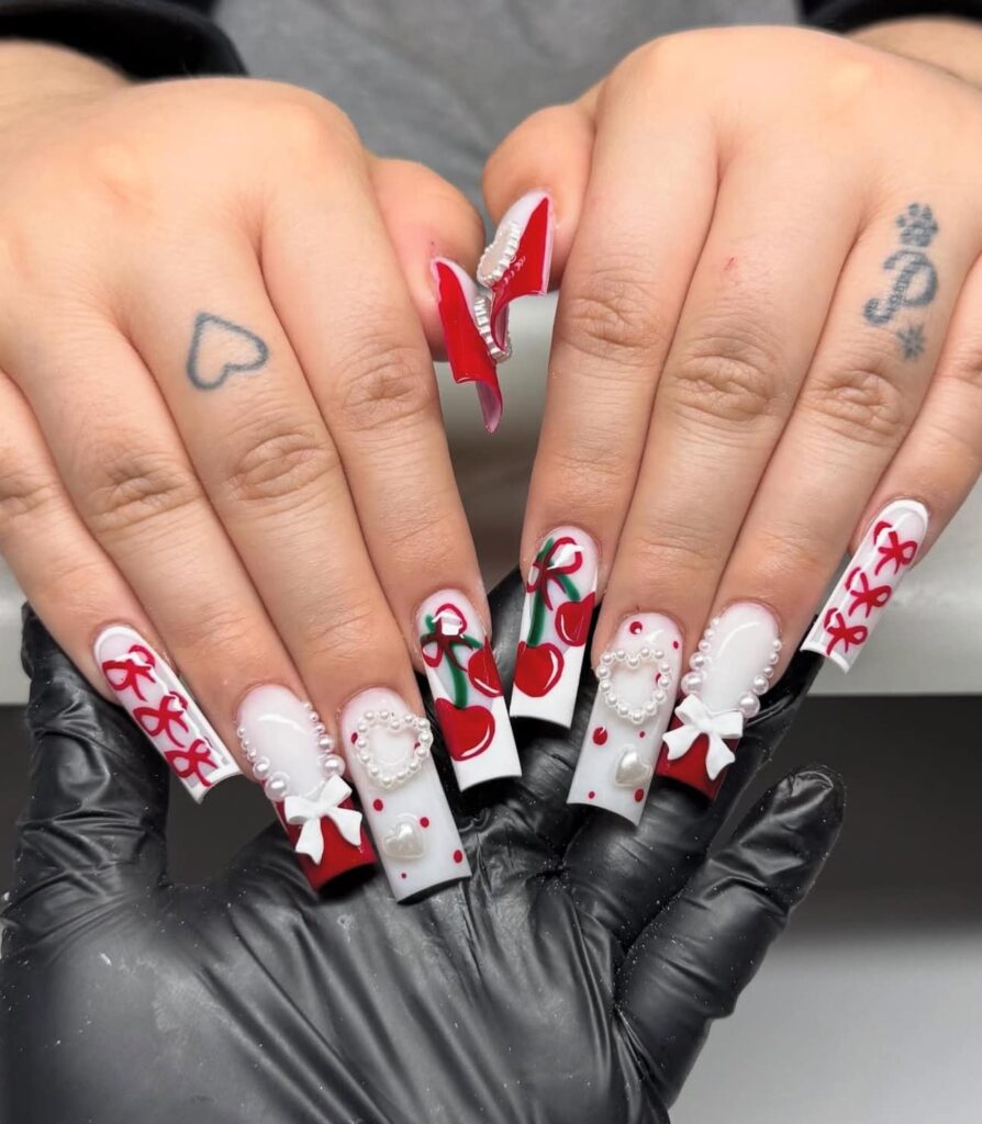 Cherry Nails with Bows and Pearls