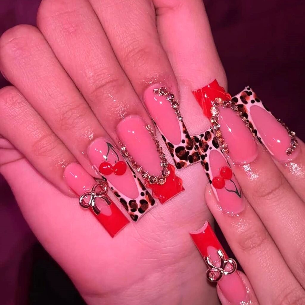 Cherry Nails with Rhinestones and Leopard Accents