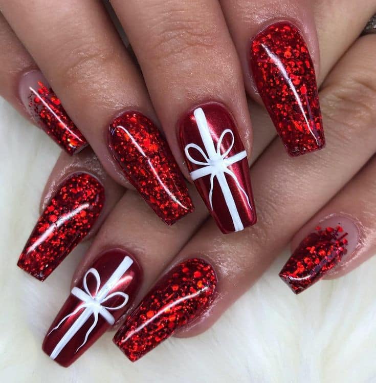 Festive Red Gift Box Acrylic Nails