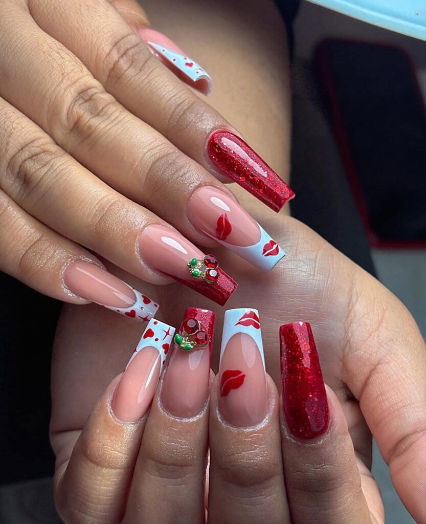 Glitter Red Cherry Nails with Kiss Prints