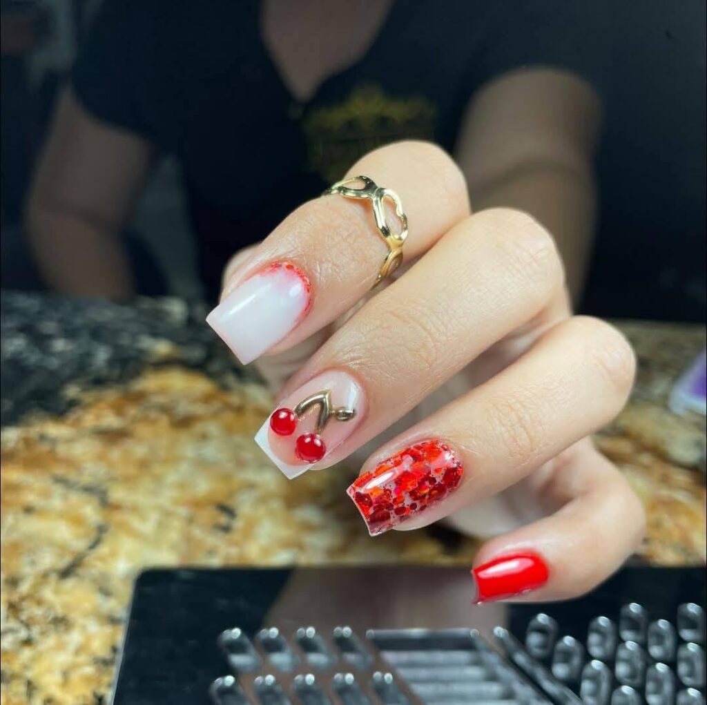 Glitter and Cherry Accent Nails