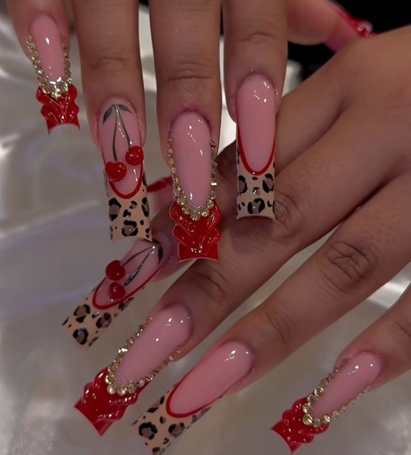Leopard Cherry Nails with Gold Rhinestones