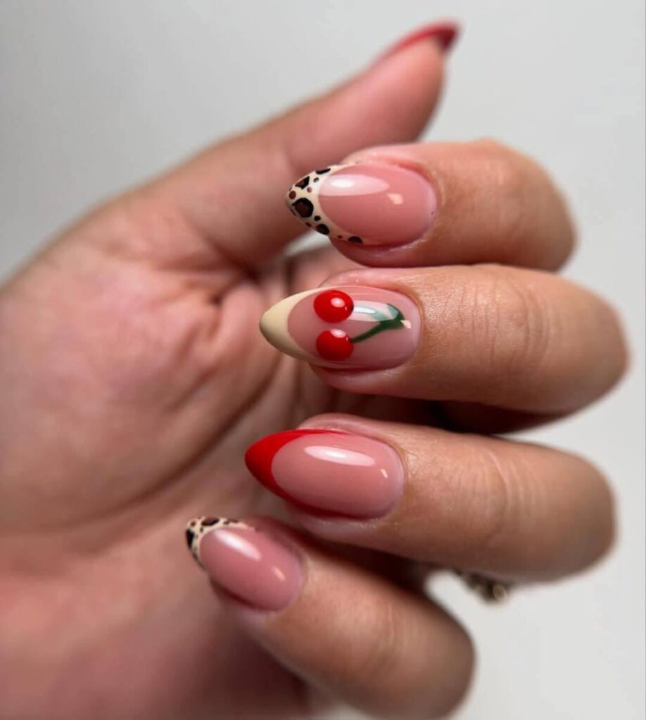 Leopard Print Cherry French Tips