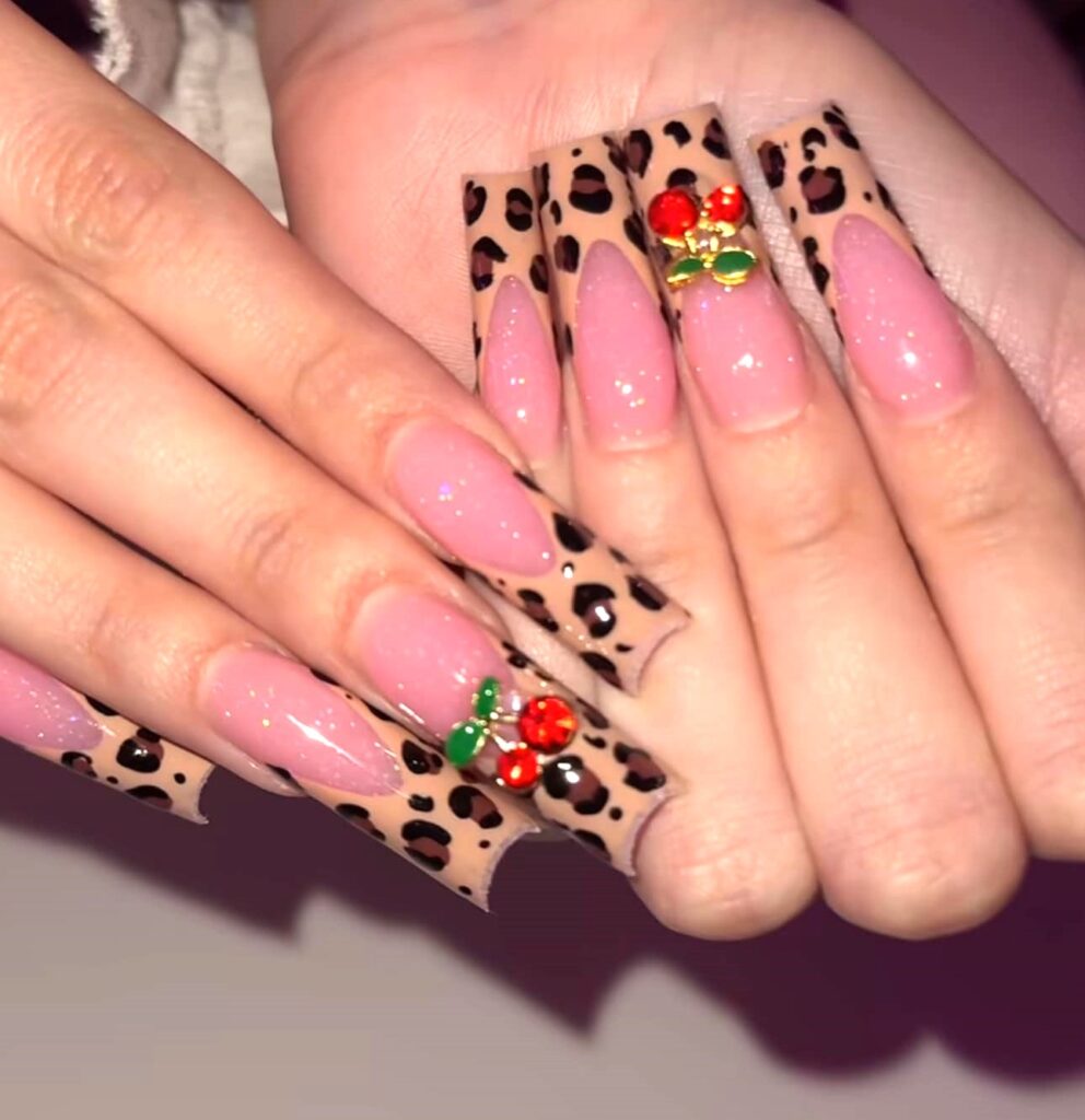 Leopard Print Cherry Nails