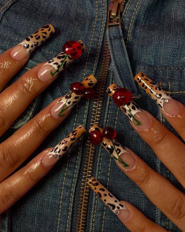 Leopard Print Nails with Oversized 3D Cherries