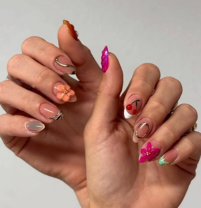 Mixed Design Cherry Nails