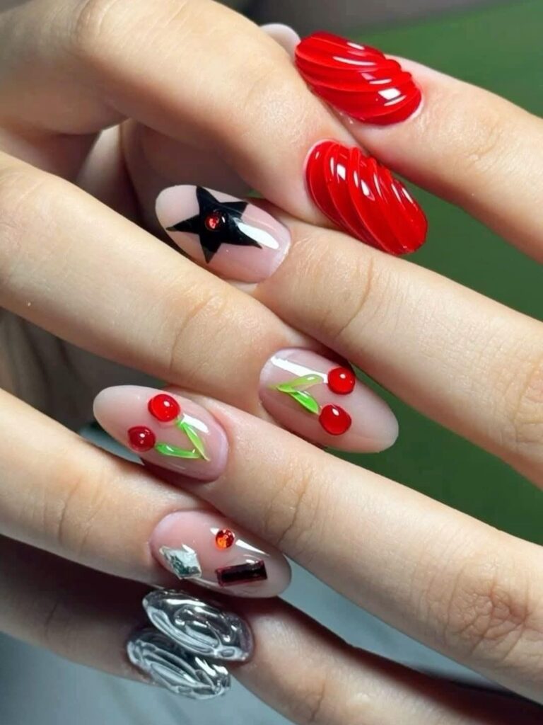 Mixed Texture Cherry Nails