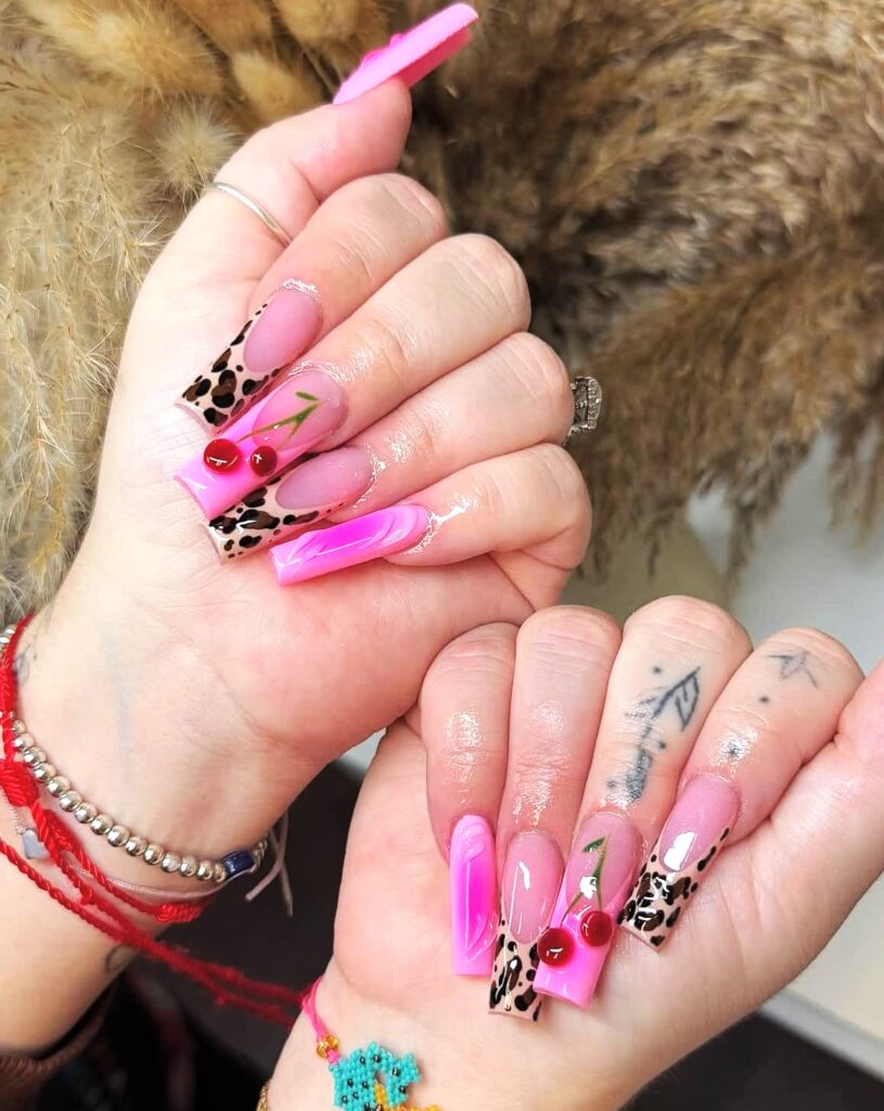Pink Cherry Leopard Nails