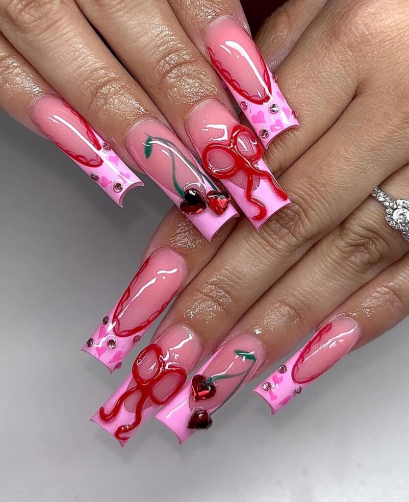 Pink Cherry Nails with Red Ribbon Art