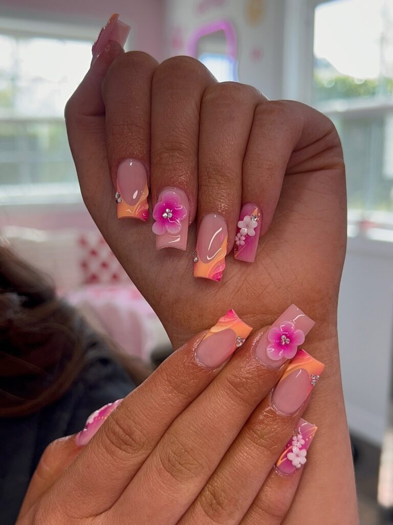 Pink and Orange Floral Nails