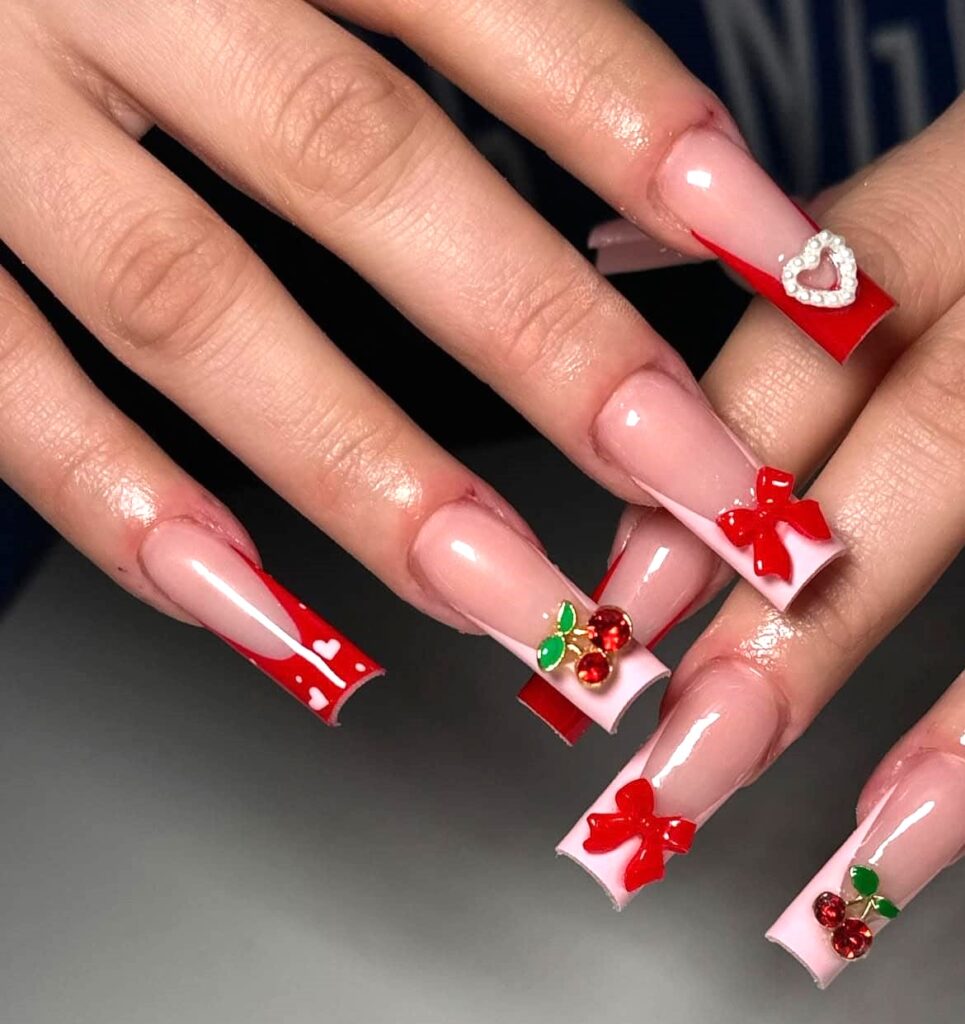 Red Cherry Nails with 3D Hearts and Bows