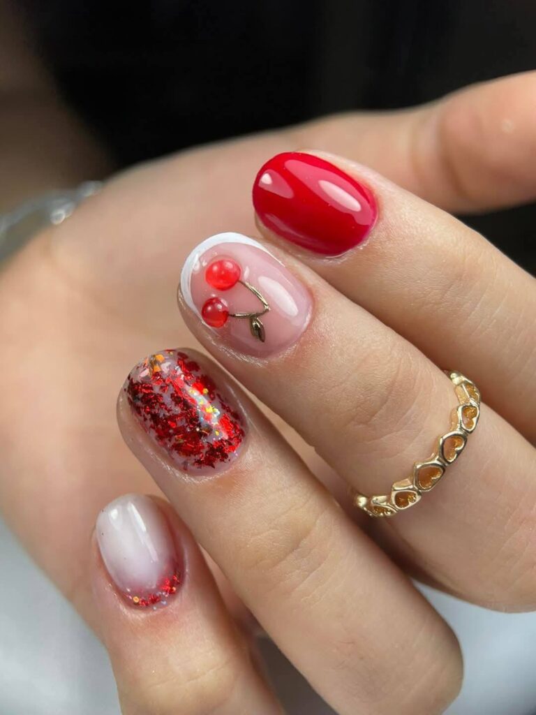 Short Cherry Nails with Mixed Finishes